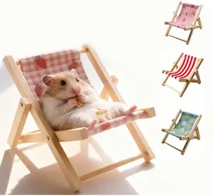 3 pcs Small Pet Lounger Chair, Wooden & Canvas Adjustable Angle Resting Bed for Hamster, Smooth Edge Squirrel Hideout, Cute Cage Accessories for Dwarf Hamster Roborovski Campbell Russian Bear