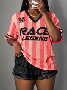 Women's Y2K American Striped Letter Print Casual Stripe T-Shirt, Breathable Mesh Sports Ball Jersey, Streetwear Daily Wear Top, Athletic Top, Jersey Tee