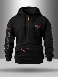 Men's Casual Letter Print Hoodie with Half-Zipper Design, Trendy Pocket Zipper Style, Available in Multiple Colors