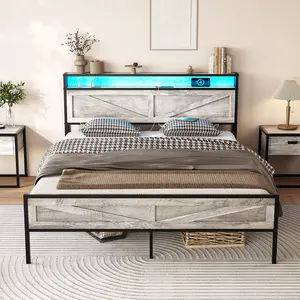 [SummerVibes] Vabches LED Bed Frame with Charging Station, Metal Platform Bed with Headboard Storage, USB Ports & Outlets, Farmhouse LED Lights, Noise-Free Bedroom Furniture, Led Bedframe