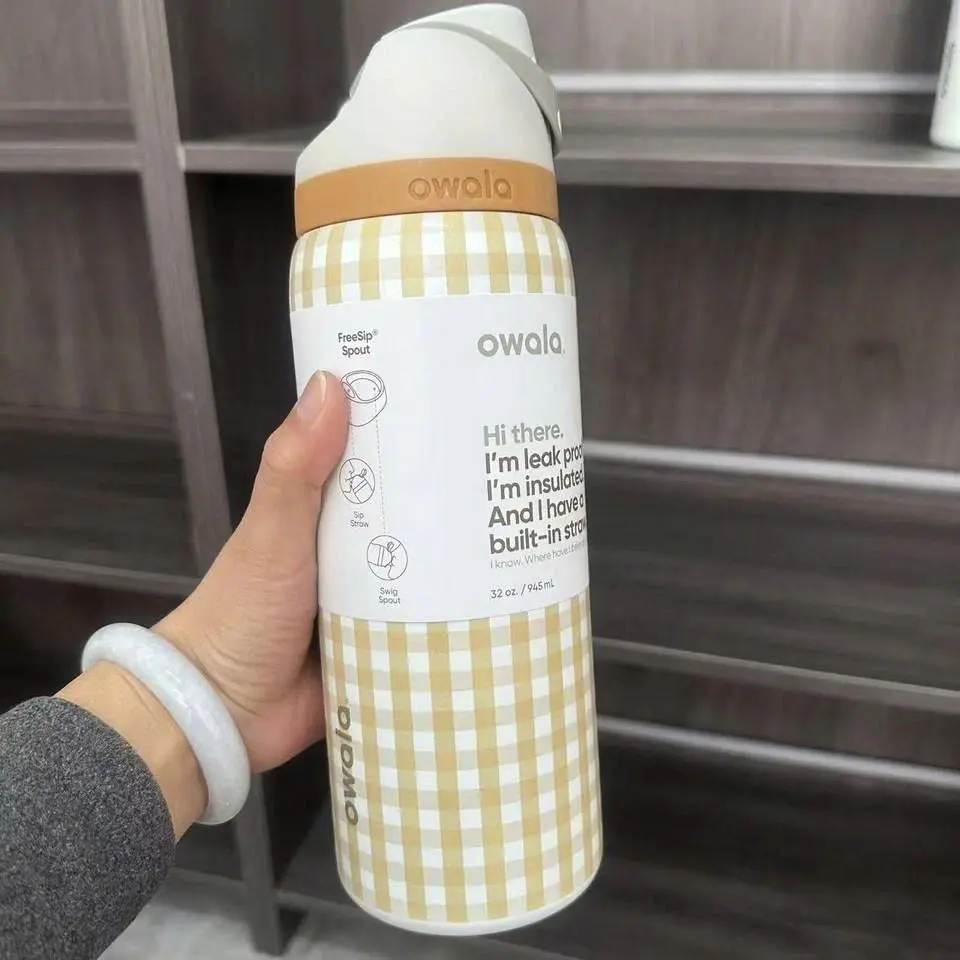 Owala FreeSip Insulated Stainless Steel Water Bottle, 24oz & 32oz, Classic Beige Gingham Print, Leak-Proof Travel Tumbler with Built-in Straw