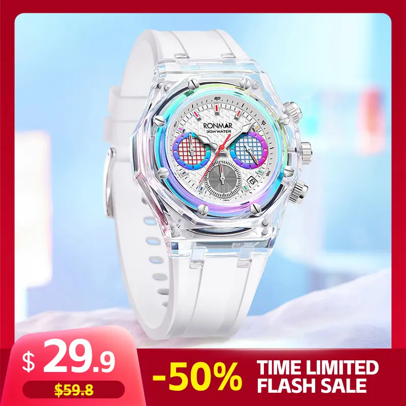 RONMAR Unisex Fashion Multi-Function Quartz Watch - 40mm Transparent Glacier Look Case, 3ATM Waterproof, Silicone Strap, Calendar, Chronograph, Clasp Closure, Daily Wear Fashion Men's Timepiece, Multi-Function Quartz Watches, Chronograph Quartz Watches