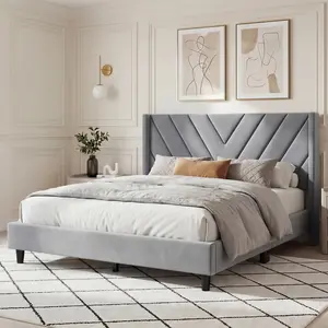 【Full Size】Costoffs Upholstered Platform Bed Frame with Tufted Winged Headboard – Wooden Slat Support, No Box Spring Needed, Mattress Foundation, Light Gray