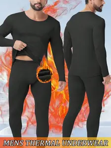 Men Plus Size Thermal Underwear Set,Men Fleece Lined Long Johns,Men Long Sleeves Top Bottom Thermo Base Layer For Cold Winter Warm Menswear Home Outdoor Skiing Sports Thermal Underwear Set Soft Breathable  Men Pajamas Black Crewneck