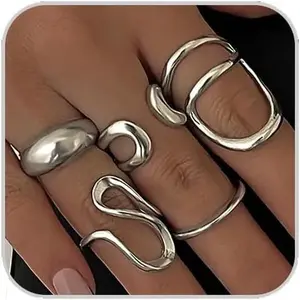 Gold Chunky Rings Set for Women Open Stacking Knuckle Ring Silver Adjustable Round Dome Rings Set Minimalist Irregular Statement Women Ring Jewelry