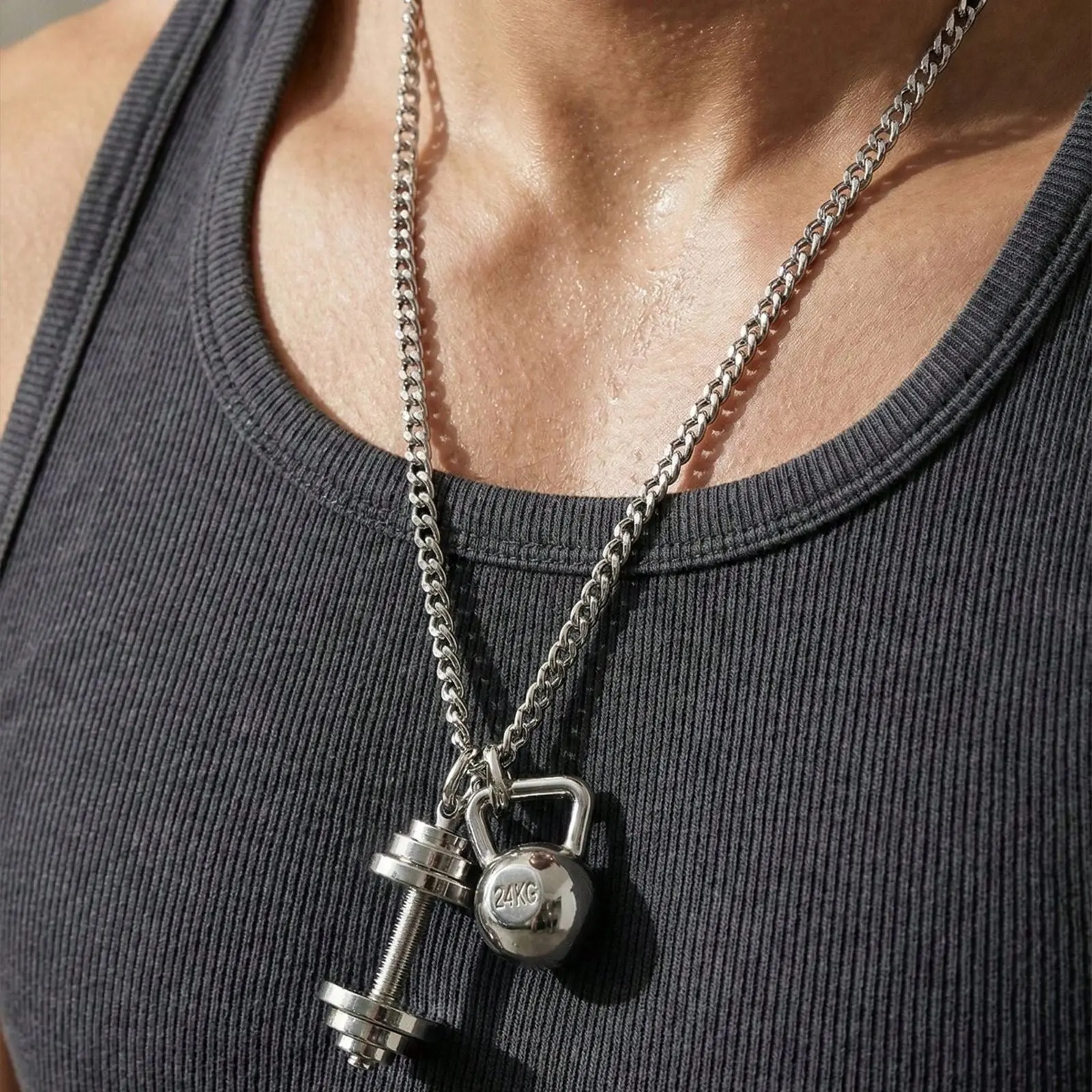 Fitness Dumbbell & Kettlebell Pendant Necklace – Gym Lover Weightlifting Chain for Men & Women | Workout Motivation Jewelry