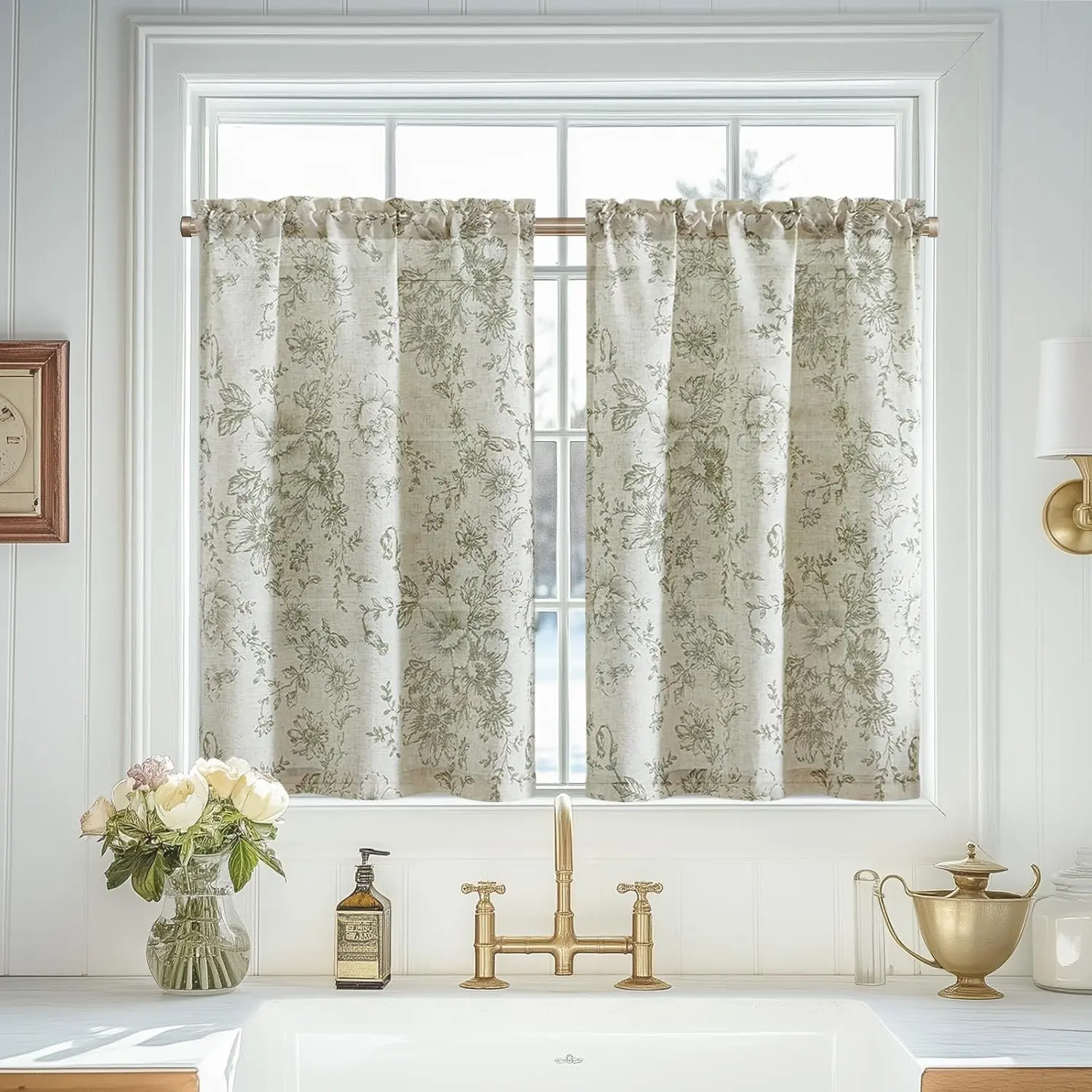 Green Linen Kitchen Floral Half Window Treatments 36 Inches 2 Panels | Light Filtering, Rod Pocket, Floral Tier Drapes Farmhouse Botanic Curtains for Living Room Cafe Bathroom Laundry Room