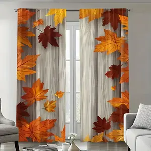 2pcs Autumn Maple Leaf Printed Rod Pocket Curtains Warm Fall Design for Any Room