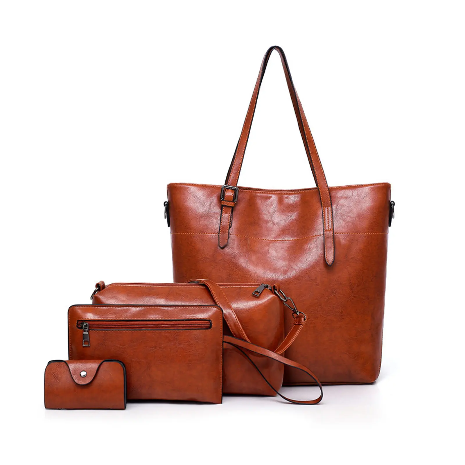 Premium PU Leather Bag Set - 4 Pcs Brown Tote Crossbody & Clutch with Detachable Straps Timeless Design for Work & Travel