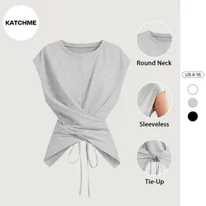 Katch Me Chic Women's Knitted Round Neck Drop Shoulder Sleeve T-Shirt, Fashion Chic Casual Asymmetrical Criss Cross Back Tie Top, Spring & Fall Wear