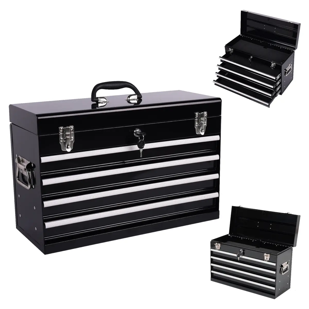 Portable Lockable Heavy-Duty Anti-Rust Black Steel Tool Box - 21x13.38x8.62in, 21.49 lbs, 4 Drawers with Auto-Locking Ball Bearing Slides, EVA Pads, Top Handle, Tool Organization for Garage, Workshop