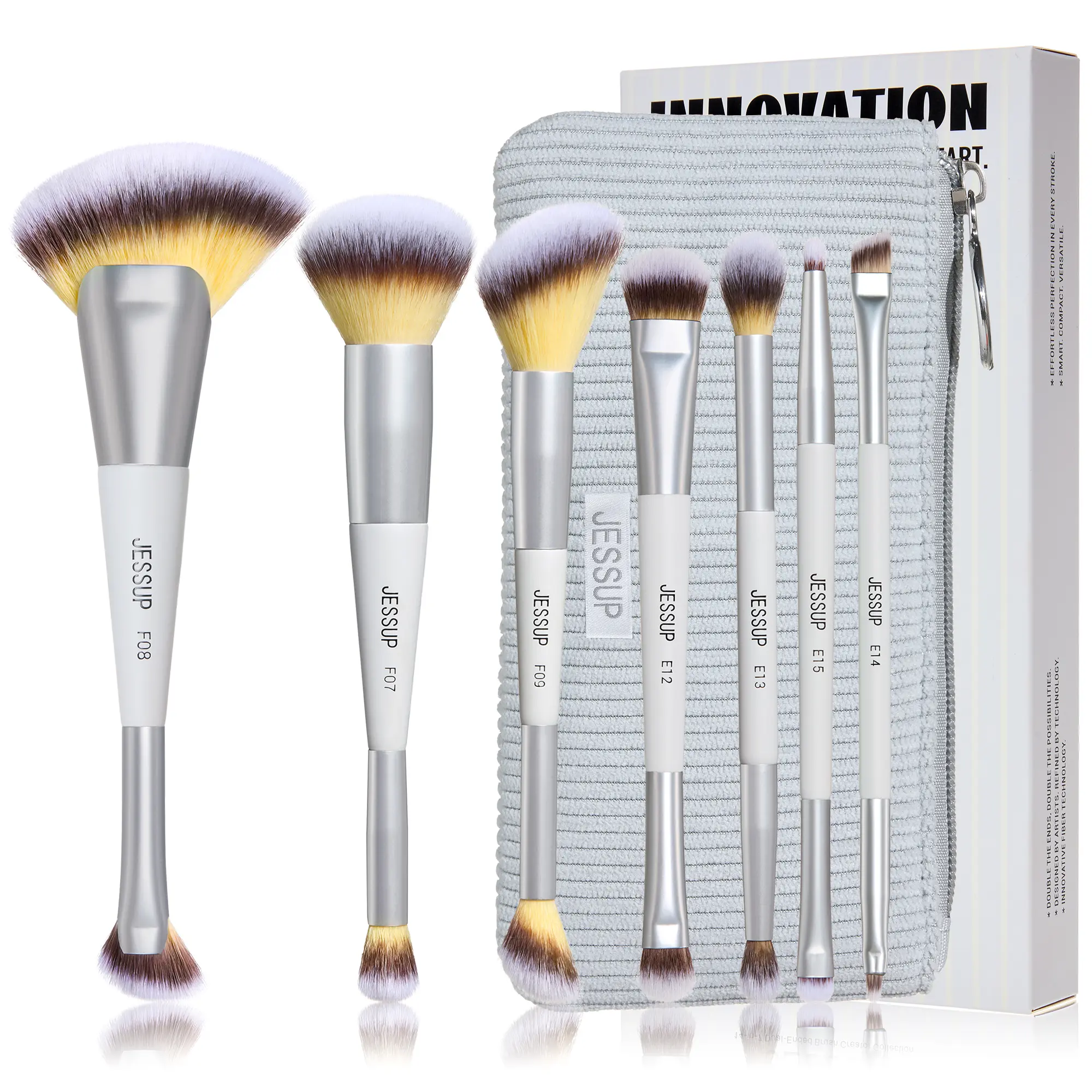 Jessup 7-Piece Dual-Ended Makeup Brush Kit, Travel Size Cosmetics Brushes with Corduroy Pouch for Foundation, Blush, Contour & Eyeshadow, Quiet Gray T520, Beauty Brush Set