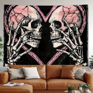 1Pc Gothic Love Skeleton Print Tapestry, Vintage-Inspired Black-Pink Skull Decorative Design, Lightweight Durable Polyester, Multiple Sizes, Hanging Backdrop for Bedroom Dorm Decor, Unique Home Decor Gift Idea summerwins,summerwins