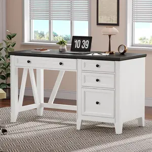 【SummerGarden】ONBRILL 54 Inch Farmhouse Executive Desk, Computer Desk with Drawers, Home Office Desk with Charging Station, for Working Studying Writing summergarden