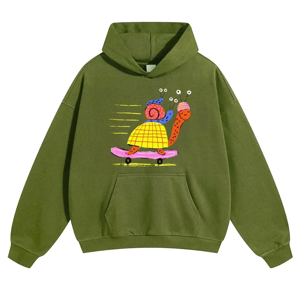 Unisex Turtles and snails speeding along on skateboards Graphic hoodie Personalized Pattern Y2k Clothing Round Neck hoodie