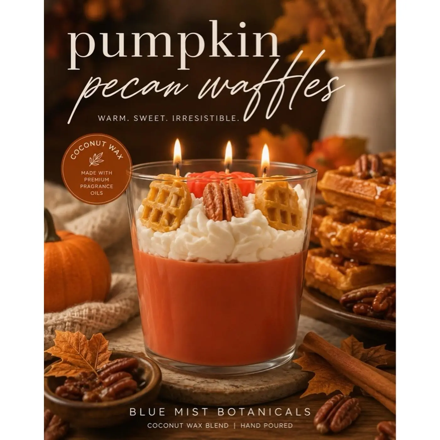 Blue Mist Botanicals Pumpkin Pecan Waffle 3-wick Coconut Wax Candle Warm Sweet Irresistible Hand Poured