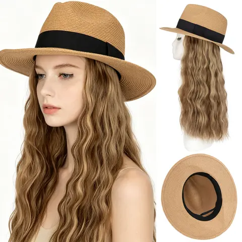 MY-LADY Women's 16in Casual Straw Hat for Female - Breathable, Wide Brim, Easy-Remove Heat-Resistant Synthetic Fiber Curly Wave Wig Cap with Magic Paste, Easy-Clean Outdoor Fashion Accessory, One Size for Beach Use