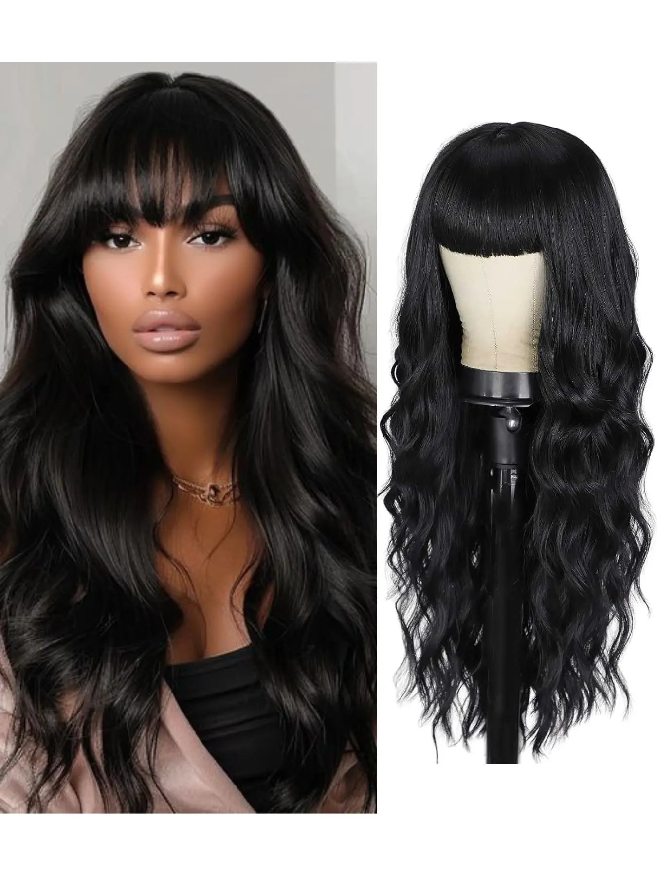 Elegant Long Wavy Wig Cap with Bangs, Synthetic Fiber Hairpiece for Women, Stylish Curly Hairstyle Accessory