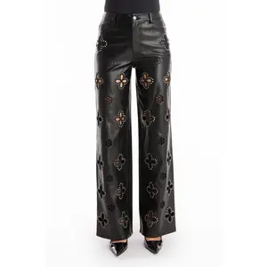 Kaia Studded High Rise Leather Pant - Black