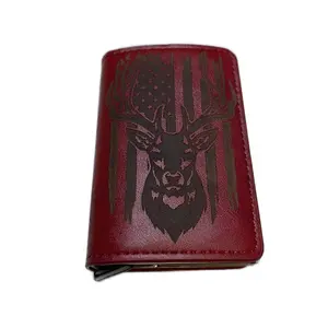 Metal click wallet with leather engraved cover