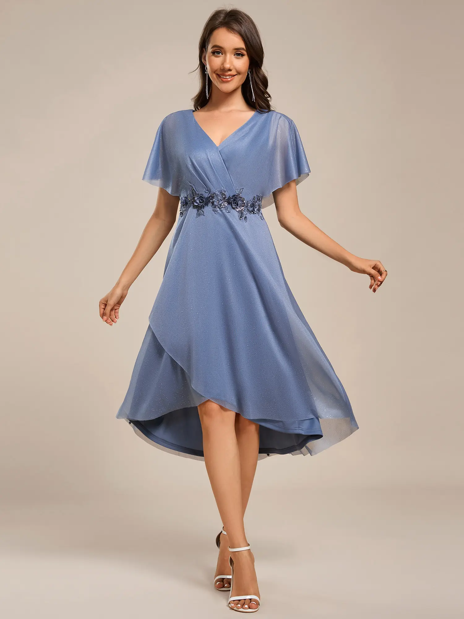 Ever-Pretty 2026 Short Sleeve V-Neck Asymmetrical Midi Wedding Guest Dress With Embellished Waistline 51159 Elegant Glitter Elegant Women's Plain Bodycon Dress bella  swan  prom  dress basque  waist  wedding  dress georgia  red  dress