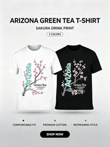 Unisex Arizona Green Tea Logo Pink Cherry Blossom Sakura Graphic Cotton T-Shirt, Soft Breathable Y2K Retro Floral Drink Fan Casual Tees for Beverage Lover Daily Everyday Wear