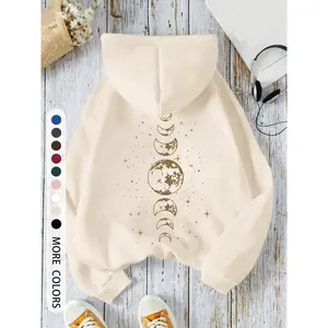 Women's Hooded Drawstring Sweatshirt, Moon Print, Comfortable & Stylish, Easy to Pair, Must-Have Closet Addition, Fall & Winter Fashion