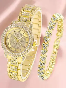 2pcs/set-Elegant women's watch jewelry set, quartz watch with bracelet, ideal for holiday gifts and an ideal gift for family and friends