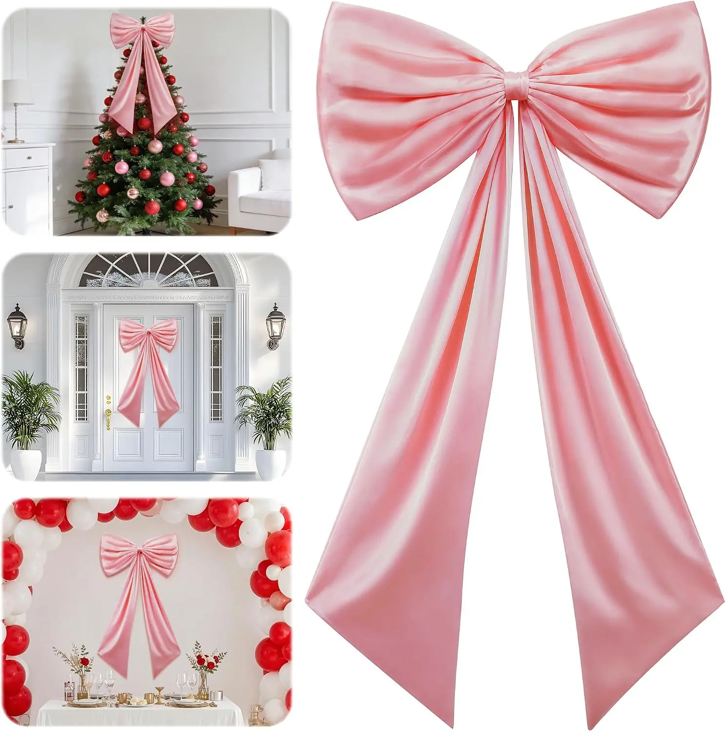 Zoe Deco Large Champagne Pink Satin Ribbon Hanging Bow Decor - 40x24in Giant Fancy Decor for Door, Wall - Coquette Home, Wedding Supplies by Zoe Deco