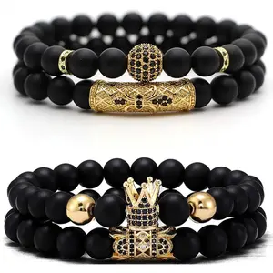 Flash & Finesse Unisex Black Beaded Bracelets Set - 4Pcs Crown King Matte Onyx Beads with Cubic Zirconia Charms, Elastic Stretch Handmade Costume Jewelry, Men's Accessories Festival Gift