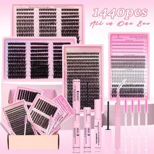 1440pcs Mixed Length False Eyelashes Gift Box Set, DIY Lash Kit, Lashes Extension Kit, Natural Look Lash Extension, Includes Bottom Lash Clusters, D Curl, Includes Bond&Seal &Remove&Eyelash Tweezers &Brush, Eyelash Extension Glue