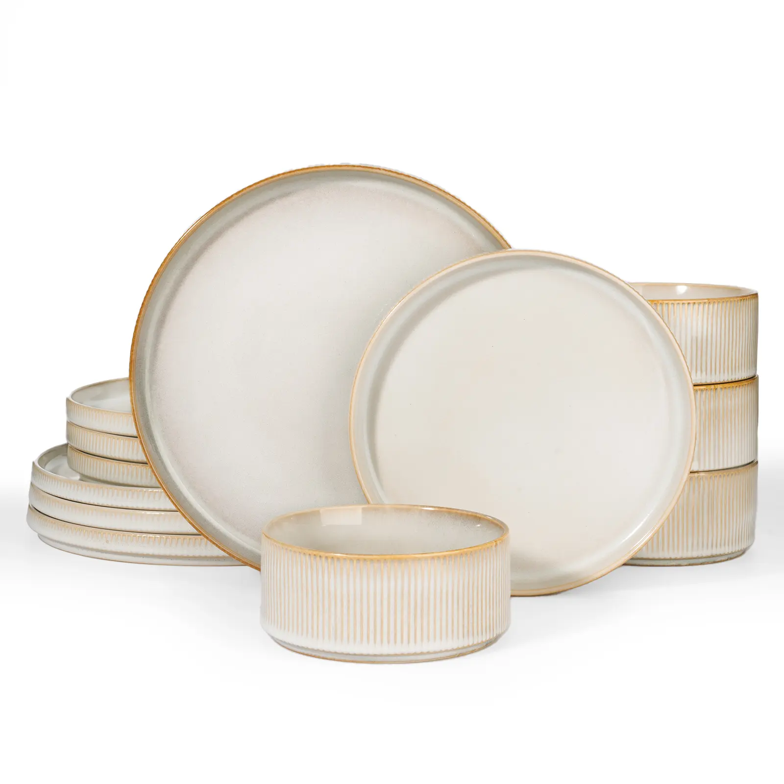 Famiware Star 12 Piece Dinnerware Sets, Plates and Bowls Set For 4, Double Reactive Glaze Dishwasher Safe and Microwave Safe