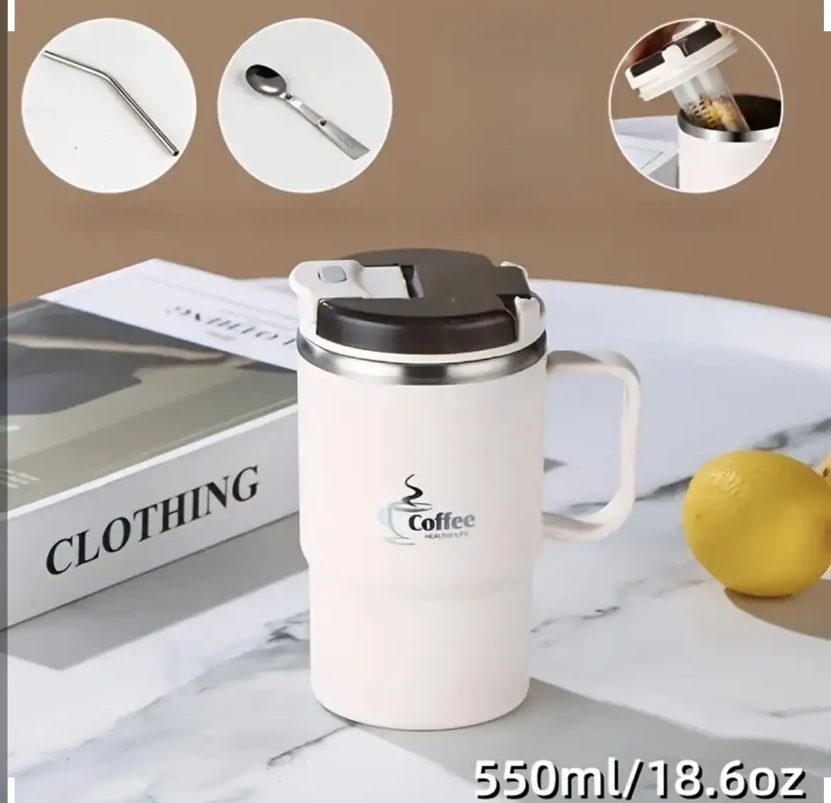 Stylish 3-in-1 Stainless Steel Insulated Travel Mug for Adults - 550ml Cylindrical Vacuum Flask with Lid, Built-in Tea Infuser & Spoon, Backpack Side Pocket Compatible, Eco-Friendly Insulated Travel Drinkware for Coffee (3-in-1 Experience Focused)