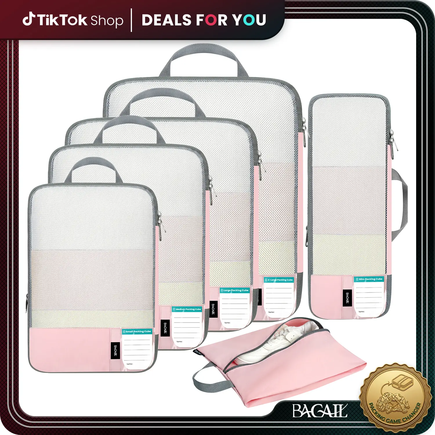 BAGAIL 6-Set Lightweight Nylon Compression Packing Cubes - Adjustable Space Saver Travel Containers, Re-Sealable Zip Organizers, Anti-Tearing Expandable Durable Pouches, Packing List, Portable Travel Accessories, Dusty Blue, Adjustable For Travel