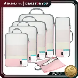 【SummerVibes】BAGAIL 6-Set Lightweight Compression Packing Cubes with Packing List, Zip Closure, Anti-Tearing Expandable Durable Pouch, Portable Travel Accessories, Adjustable Travel Containers, Dusty Blue