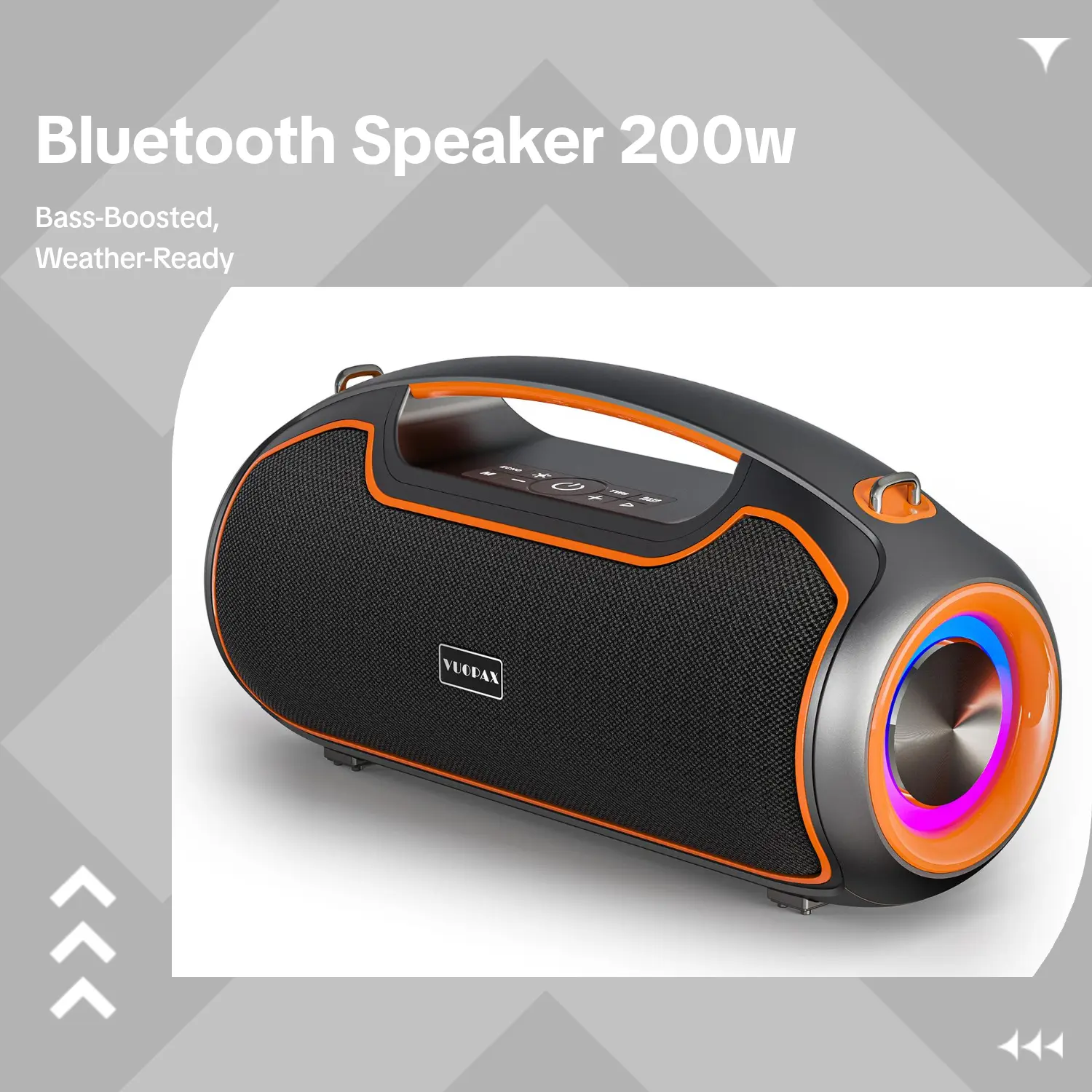 Portable Bluetooth Stereo Speaker - 200W MAX Loud Audio with Deep Bass, IP65 Waterproof Dustproof, BT5.4, USB-C Charging, RGB Lights, Button Controls, 24H Playtime, Handle, for Party, Camping (Smartphone Compatible)