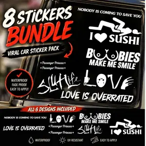 8 Pack Funny Car Decal Bundle | Viral Car Sticker Pack | Bulk Vinyl Sticker Set for Cars Trucks Laptops | Includes Boobies Sushi Slut Life Love Is Overrated Nobody Saving You | Permanent Vinyl