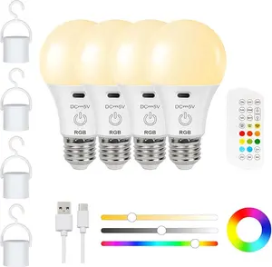 FRIDEKO HOME Rechargeable RGB LED Bulb with Remote & Touch Control 150LM USB-C Charging 2600mAh Battery  Timer Function Portable Camping Emergency Light