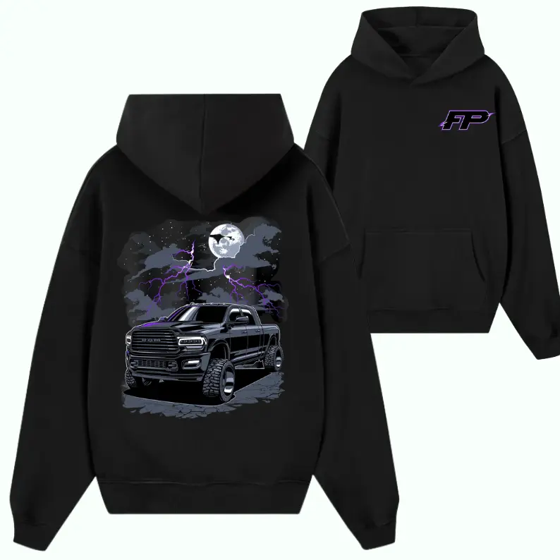FP Lightning Ram Night Truck Hoodie – Midnight Moon Off-Road Pickup Graphic Pullover, Diesel Truck Lover Sweatshirt for Men, Bold Storm Scene Streetwear, FP Automotive Apparel