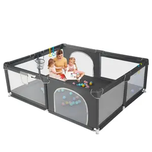 BIOBY Portable Baby Playpen, 78.7" x 78.7" x 27" Extra Large Playard, Soft Mesh Sturdy Pipe Ample Space for abies and Toddler, Safe and Non-Slip Baby Fence, Full Mesh Design, Indoor & Outdoor Kids Activity Center, Portable Travel Design, Dark Grey