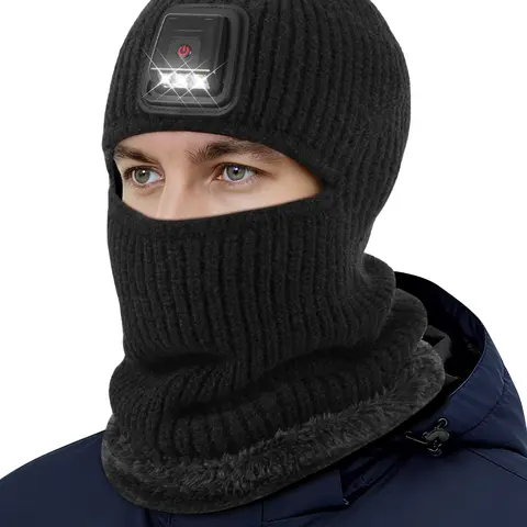 Rechargeable LED Light Up Beanie Hat with Headlamp, Unisex Thermal Knitted Ski Mask, Fleece Lined Full Face Cover control touch