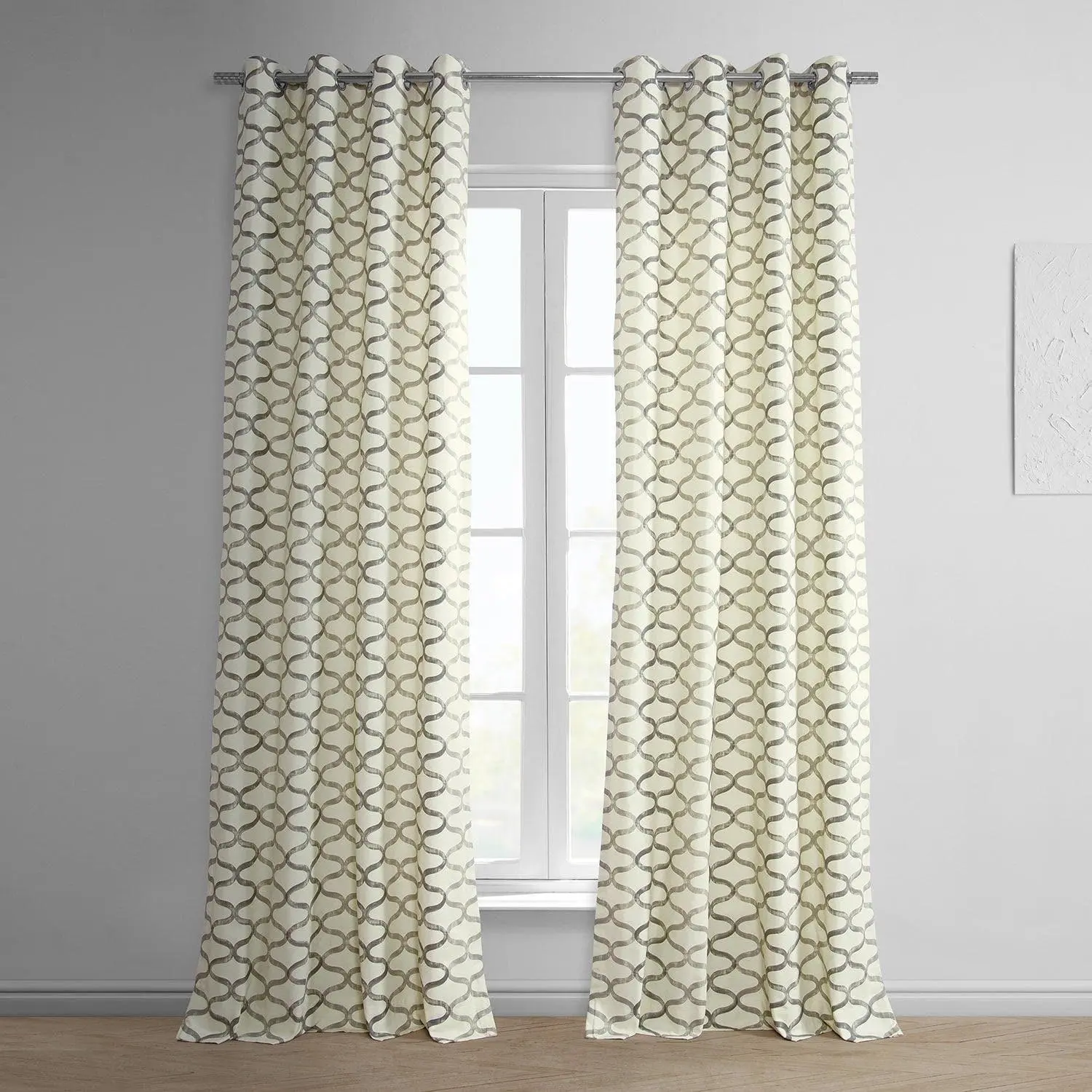 Modern Grommet Curtains - Contemporary Silver Grey Geometric Printed Cotton Fabric Drapes, Durable Privacy Darkening Home Curtains, Dry Clean Only (Half Price Offer)