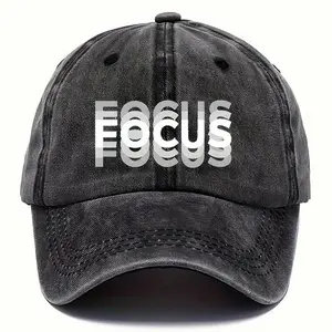 Adjustable Unisex Washed Baseball Cap with 'FOCUS' Embellishment - Breathable Duckbill Hat, White/Black Contrast, Machine Washable for &, Sports, Workouts, Casual Wear (Focus Lettering Design)