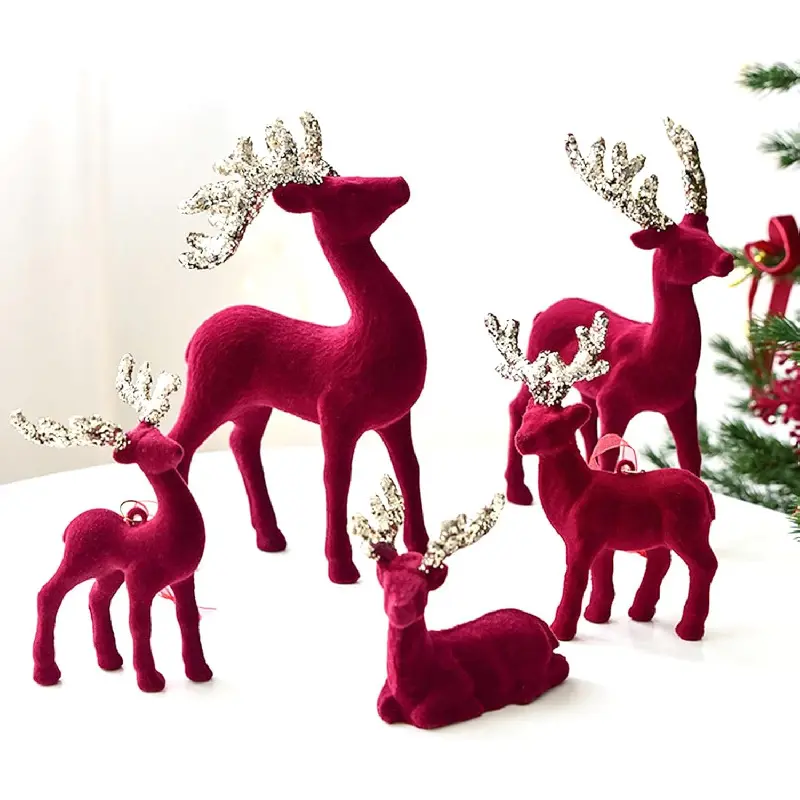 5 PCS Bristle-Free Velvet Red Ornaments Set - ABS Standing Moose Shape Decor, 3 x Reindeer Decorations with Sparkling Antlers, No Burrs, 1-2cm Size Difference, Home Supplies for Tree Holiday Display