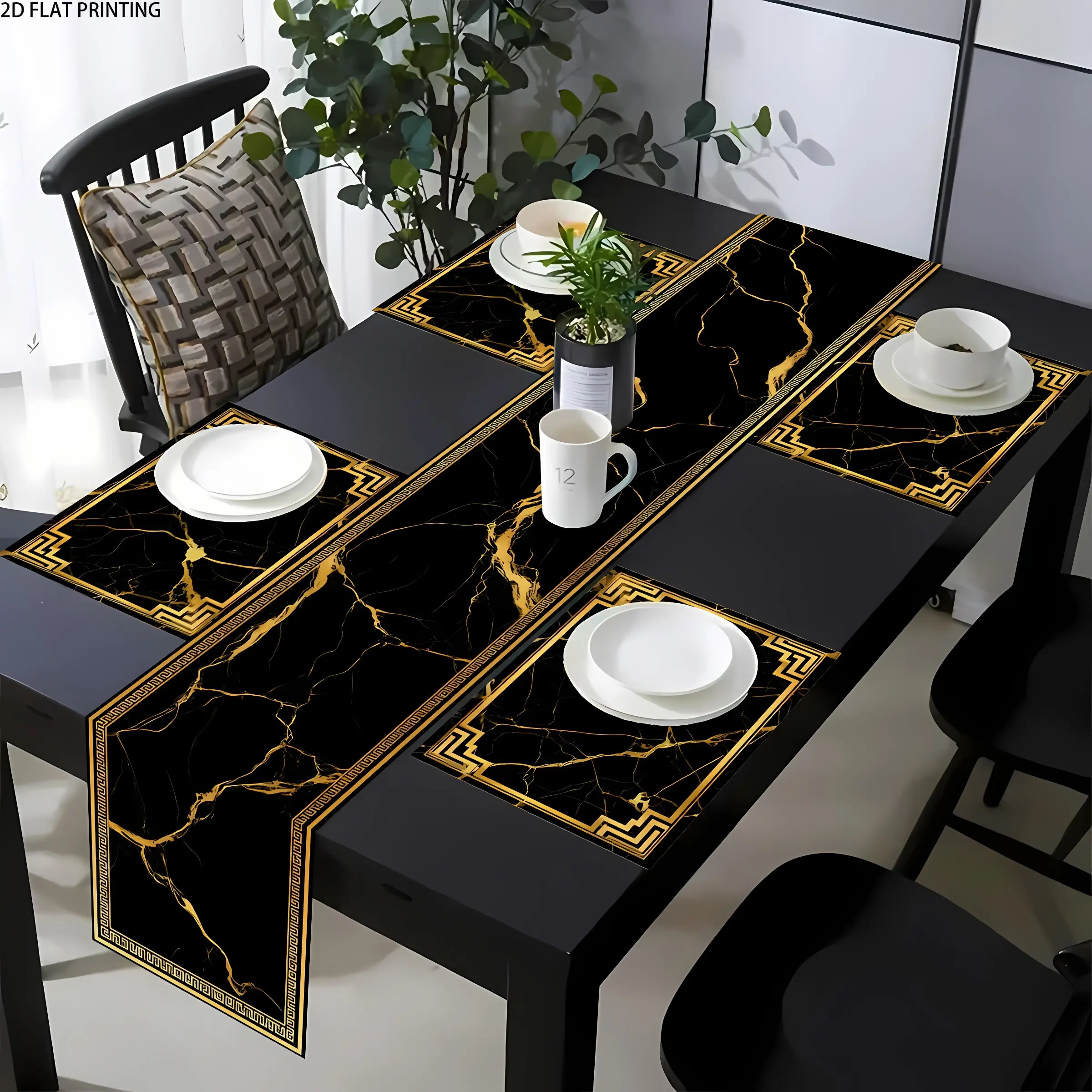 2D flat printing, 1 piece/2 pieces/4 pieces set, gold marble patterned table flag placemat set, Household Placemat, Kitchen Decorative Placemat, Table Placemats, suitable for family celebrations and daily use