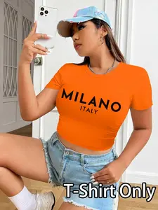 Women's Letter Print Round Neck Crop Tee, Casual Short Sleeve Crew Neck T-shirt for Summer, Fashion Women's Top for Daily Wear