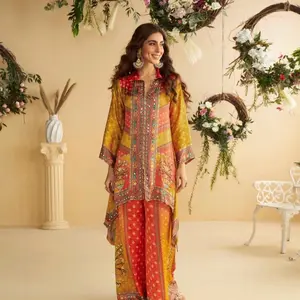 Women designer cord set Indian clothing crepe silk wedding casual wear Pakistani 2 piece set real mirror