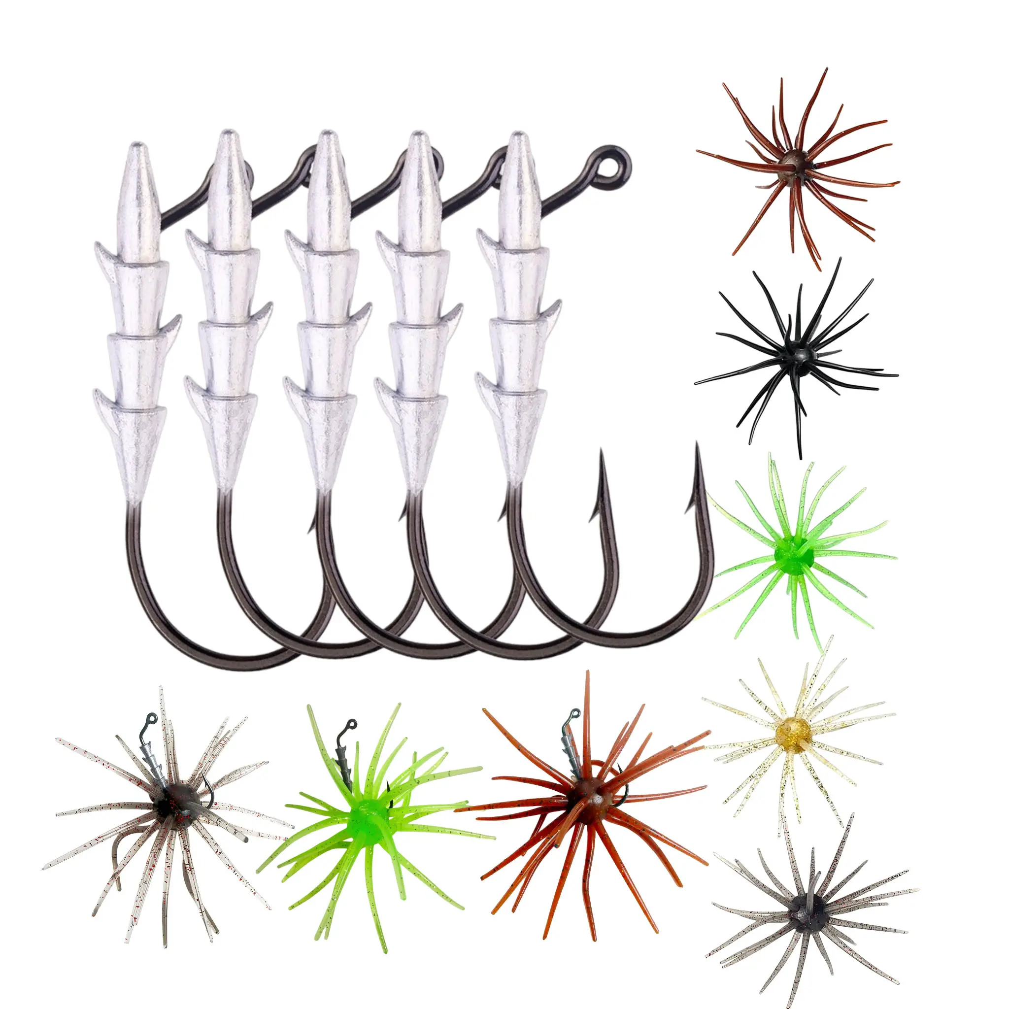 Bionic Sea Urchin Soft Fishing Lures Set – 5 Sharp Lead Jig Head Hooks, 5 Silicone Tentacle Artificial Baits, Durable Equipment for Bass, Perch, Trout Freshwater & Saltwater Use, Fishing Equipment, Freshwater Fishing, Sea Urchin Shape