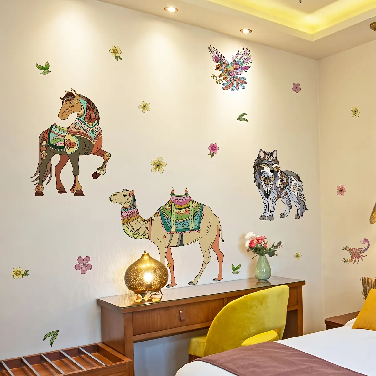 A set of 2 pieces (30*90cm*2pcs) hand-painted Middle Eastern style camel and horse animal decorative wall stickers for living room, bedroom, home background decoration B16036-YJ Decorative Decal