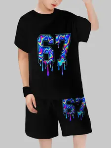 Boys' Short Sleeve Casual Set, Cute All-Over Print Design, Fitted Style for Spring & Fall Seasons, Ideal for Trendy Kids Fashion